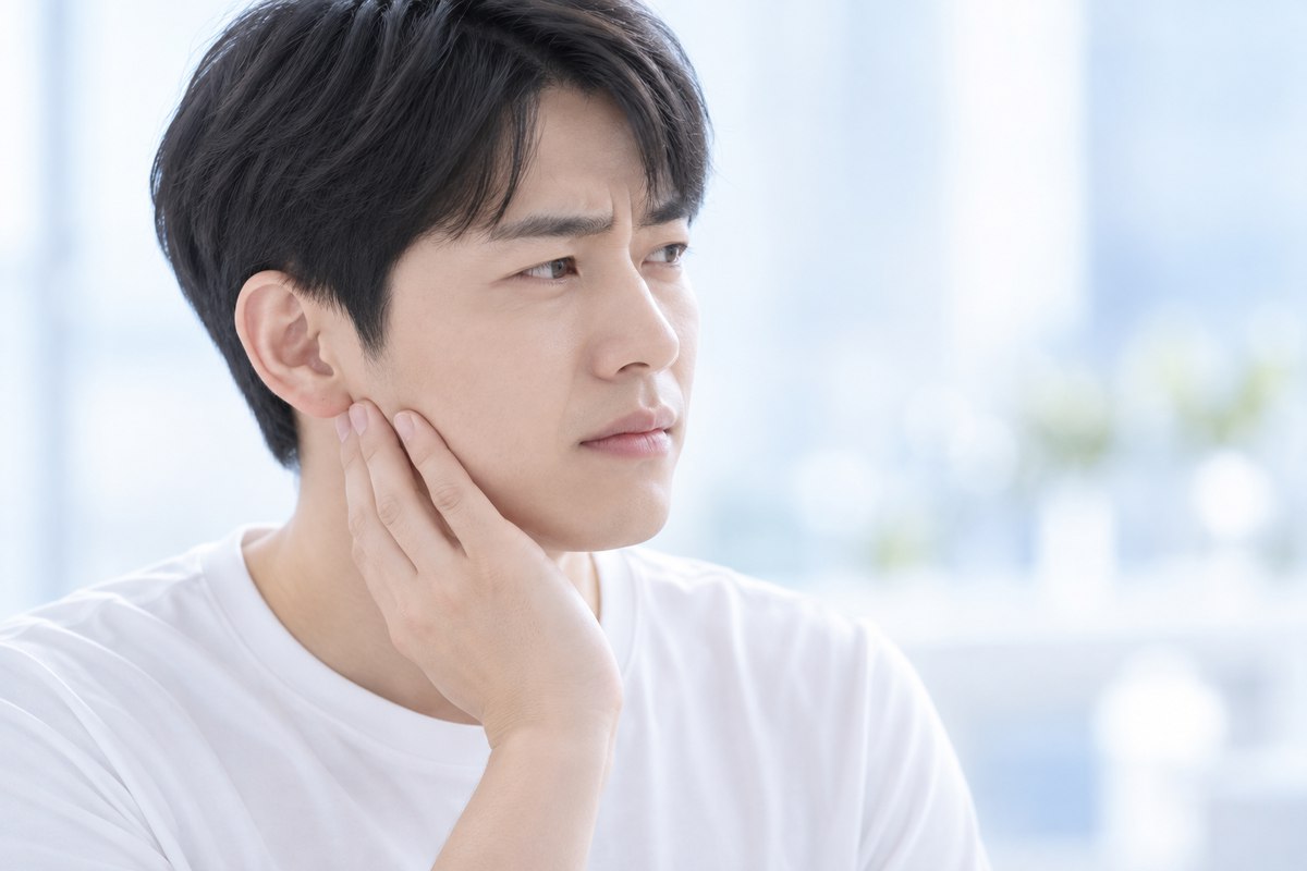 턱 뒤쪽을 가볍게 짚고 불편함을 느끼는 남성